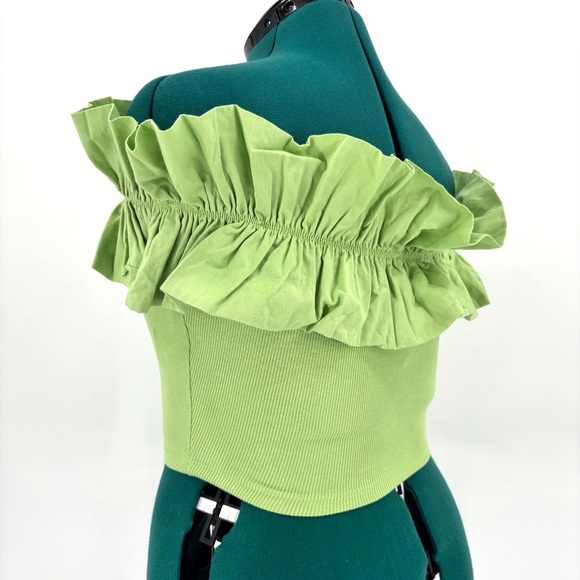 Zara NWT Pear Green Ruffled Off-the-Shoulder Ribbed Crop Top, Medium - Picture 8 of 15